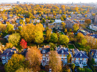 Aerial view of West Kensigton in London in autumn, England