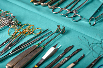 Prepare for surgical instruments during operation,scissors, forceps and scalpels,Straight scissor used to cut suture material where as curve scissor for tissue. Concept of surgery preparation.