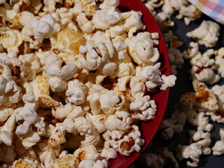 Bowl of popcorn ready to eat close up shot 