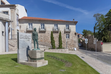 Francisco Sá Carneiro Statue, a Portuguese politician, Prime Minister on 1980, symbol at the democracy on Portugal, located on St. Cristina Square, Viseu city downtown - obrazy, fototapety, plakaty