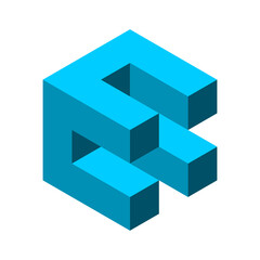 Blue abstract cube shape logo design template. Optical illusion, visual trick. 3D isometric box with two letters C. Geometric architecture object. Building industry. Vector illustration, clip art. 