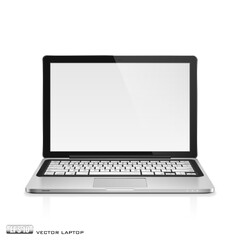 High detailed realistic vector illustration of modern laptop with blank screen on white background.