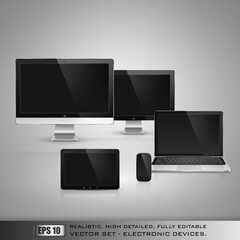 Realistic high detailed vector illustration of electronic devices on gray background.