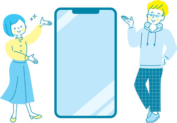 スマートフォンで説明する若い男女