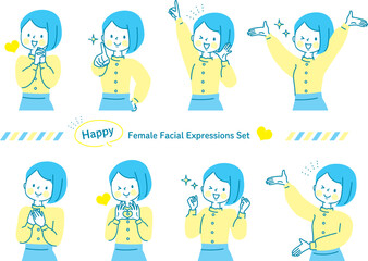 元気な女性のポジティブな表情セット_上半身