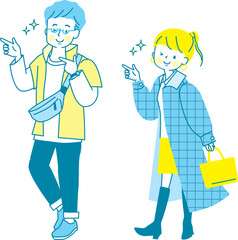 笑顔で指差しするオシャレな男女のカップルのベクターイラスト素材