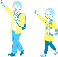 人差し指を立てて案内するシニア夫婦のベクターイラスト素材