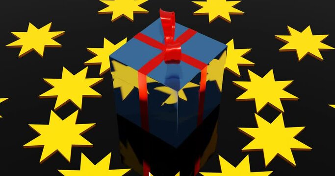 3d render with a blue gift box with a red ribbon on a background of yellow stars