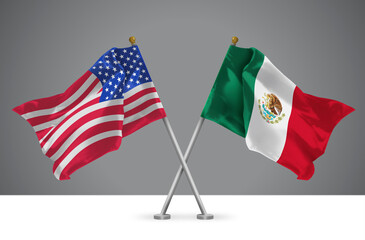 3D illustration of Two Crossed Flags of USA and Mexico