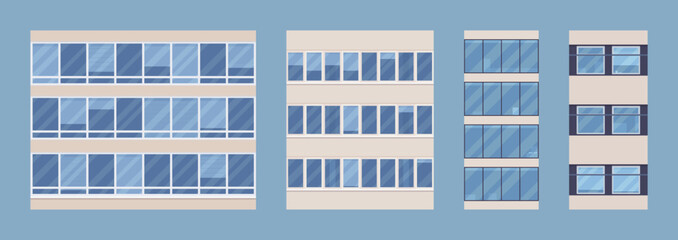 Window facade set, office skyscrapers in business district. Residential architecture in growing city, fresh and lively texture for project, modernist, art, landscape urban design. Vector illustration