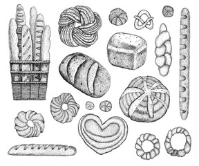 Bakery products. A set of different types of bread, baguettes, bagels, buns. A collection of hand-drawn illustrations. Engraving. Graphics