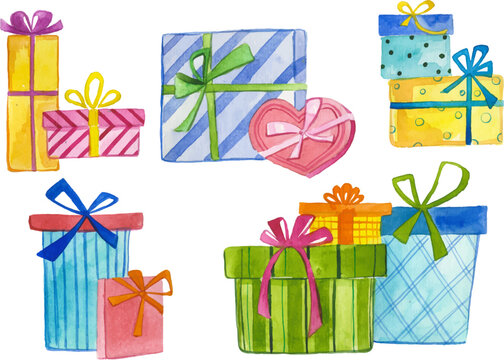 Watercolor painted collection of gift boxes. Hand drawn holiday design elements isolated on white background.