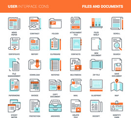Vector set of files and documents flat line web icons. Each icon with adjustable strokes neatly designed on pixel perfect 48X48 size grid. Fully editable and easy to use.