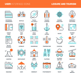 Vector set of leisure and tourism flat line web icons. Each icon with adjustable strokes neatly designed on pixel perfect 48X48 size grid. Fully editable and easy to use.