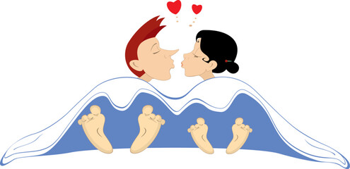 Young man and woman kissing, laying under the blanket
All you need is love. Love couple rendezvous. Heart symbols

