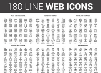 Vector set of 180 flat line web icons on following themes - files and documents, power and energy, travel and vacation, leisure and tourism, light bulbs, brain process