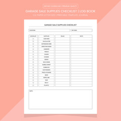Garage Sale Supplies Checklist Diary | Supplies Log Book | Notebook Printable Template