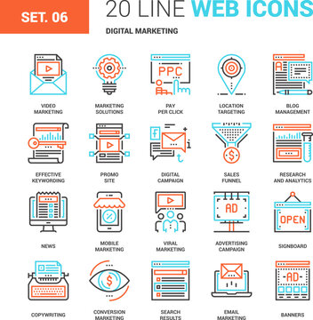 Vector set of digital marketing line web icons. Each icon with adjustable strokes neatly designed on pixel perfect 64X64 size grid. Fully editable and easy to use.
