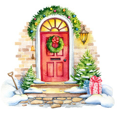 Christmas Doorway watercolor illustration, CHristmas decor, festive doorway