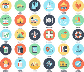 Vector set of leisure and tourism flat web icons. Each icon neatly designed on pixel perfect 48X48 size grid. Fully editable and easy to use.