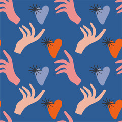 Magic hand and heart on a blue background. Cute fairy tale card for Valentine's Day. Seamless pattern. Flat design, cartoon.