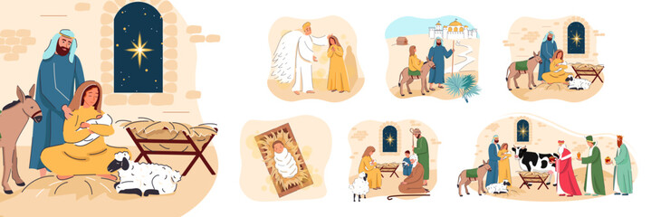 Set of Christmas scenes. Bundle of Nativity backgrounds. Holy Family and Baby Jesus and in manger at night with Bethlehem star. Mary and Joseph. Merry Christmas vector illustration. The birth of Jesus