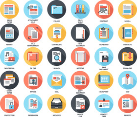 Abstract vector set of colorful flat files and documents icons with long shadow. Concepts and design elements for mobile and web applications.