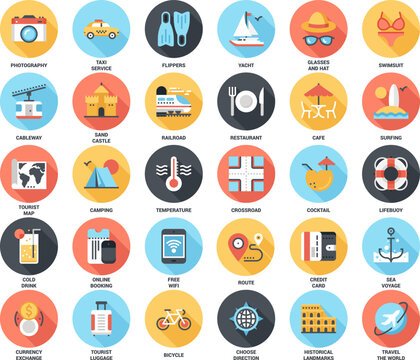 Abstract vector set of colorful flat leisure and tourism icons with long shadow. Concepts and design elements for mobile and web applications.