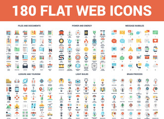 Fototapeta na wymiar Vector set of 180 flat web icons on following themes - files and documents, power and energy, message bubbles, leisure and tourism, light bulbs, brain process