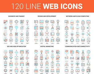 Fototapeta na wymiar Vector set of 120 flat line web icons on following themes - business and finance, design and development, network and cloud computing, SEO and web optimization, digital marketing, communication