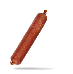 Slices of sausage salami on white background  flying concept
