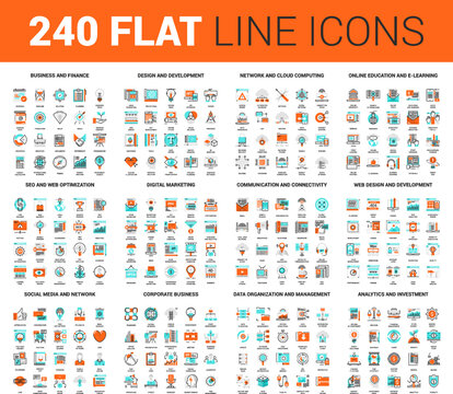 Vector set of 240 64X64 pixel perfect flat line web icons. Fully editable and easy to use.