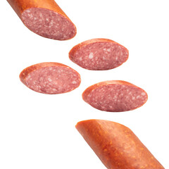 Slices of sausage salami on white background  flying concept