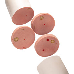 Slices of sausage salami on white background  flying concept