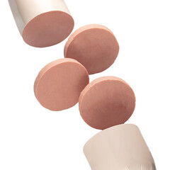 Slices of sausage salami on white background  flying concept