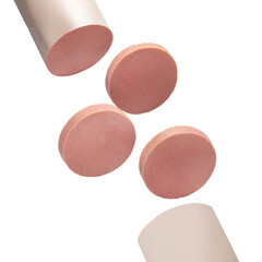 Slices of sausage salami on white background  flying concept