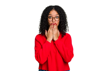 Young cute brazilian woman isolated shocked, covering mouth with hands, anxious to discover something new.