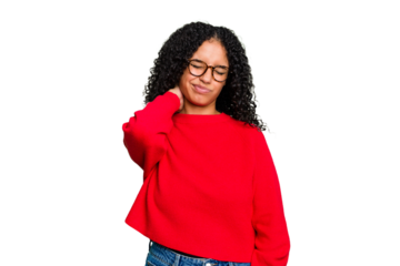 Young cute brazilian woman isolated having a neck pain due to stress, massaging and touching it with hand.