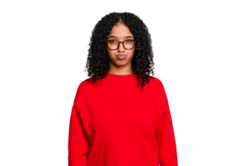 Young cute brazilian woman isolated blows cheeks, has tired expression. Facial expression concept.