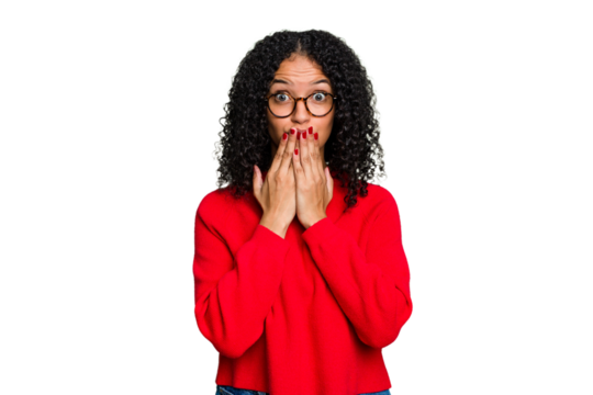 Young cute brazilian woman isolated shocked, covering mouth with hands, anxious to discover something new.