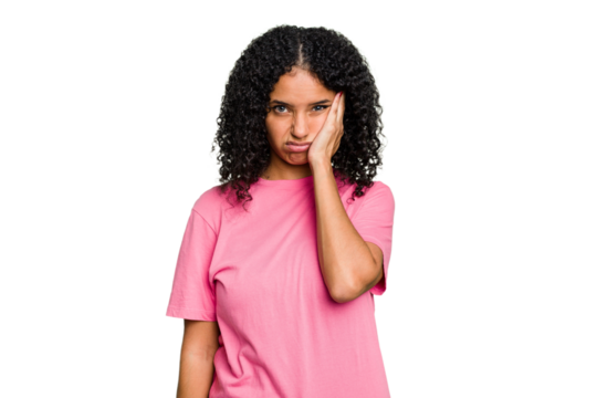 Young cute brazilian woman isolated who feels sad and pensive, looking at copy space.