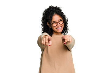 Young cute brazilian woman isolated pointing to front with fingers.