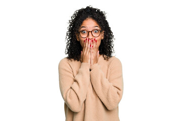 Young cute brazilian woman isolated shocked, covering mouth with hands, anxious to discover...
