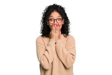 Young cute brazilian woman isolated shocked, covering mouth with hands, anxious to discover something new.