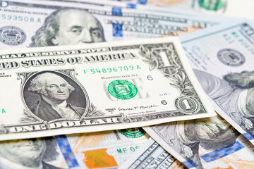 Obraz na płótnie Canvas Money, 1 US dollar bill. Global stock market. World economy, crisis, recession and finance concept