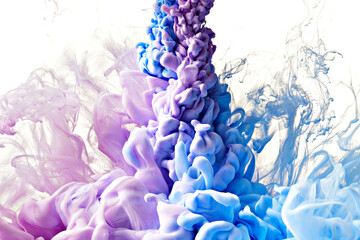 Abstract background of paint splashes and ink over white. Gouache and acrylic paints texture in water