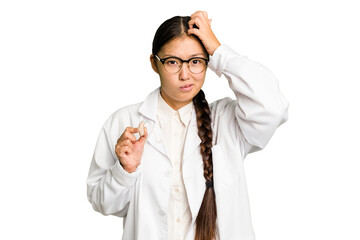 Young asian otorhinolaryngologist woman holding a hearing aid isolated being shocked, she has remembered important meeting.