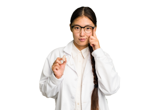 Young asian otorhinolaryngologist woman holding a hearing aid isolated pointing temple with finger, thinking, focused on a task.