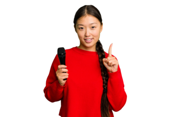 Young Chinese singer woman isolated showing number one with finger.