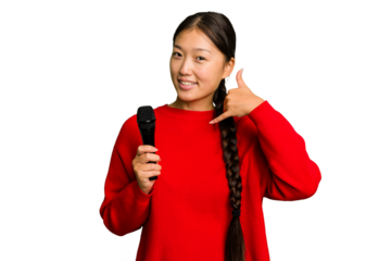 Young Chinese singer woman isolated showing a mobile phone call gesture with fingers.